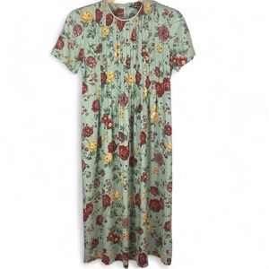 VTG Sag Harbor Green Floral Prairie Cottage‎ Maxi Dress Size 14 Linen Rayon Tie